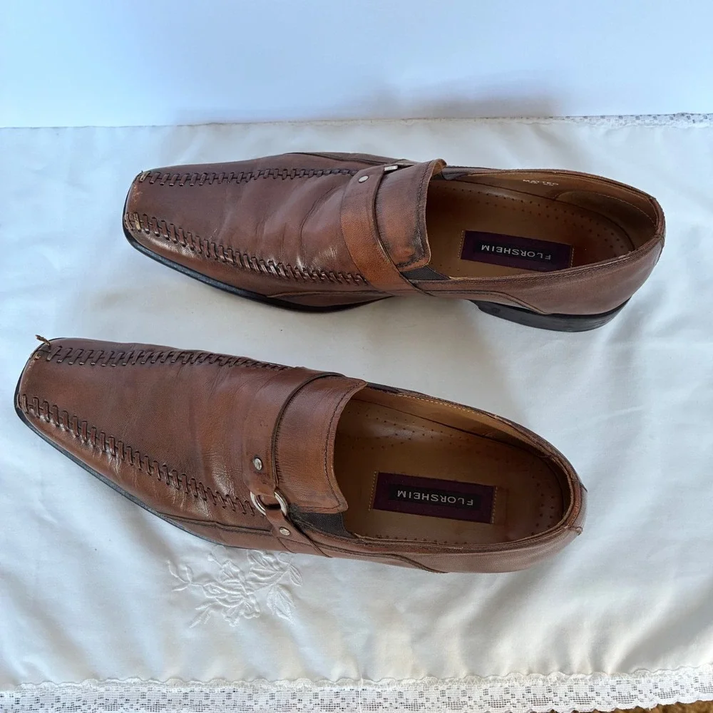 Florsheim Loafers 45 EE Brown Matteo Leather Whipstitch Square Toe Dress Shoe